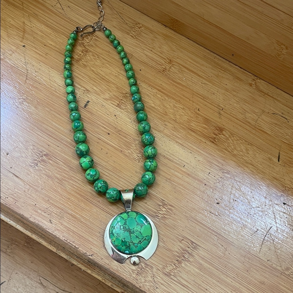 Green Beaded turquoise Necklace with Silver Pendant